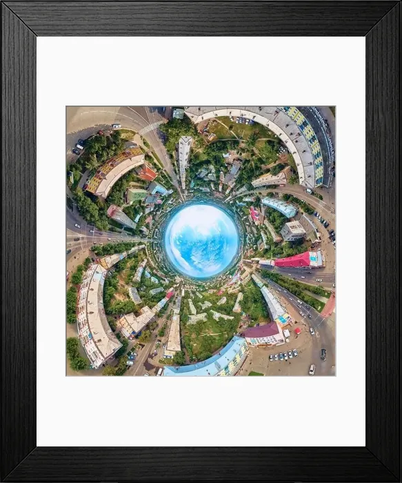 Framed Print : Beautiful futuristic panoramic (360 spherical panorama little planet) aerial drone view to city of Ust-Kamenogorsk (KZ) Framed Print : Beautiful futuristic panoramic (360 spherical panorama little planet) aerial drone view to city of Ust-Kamenogorsk (KZ)