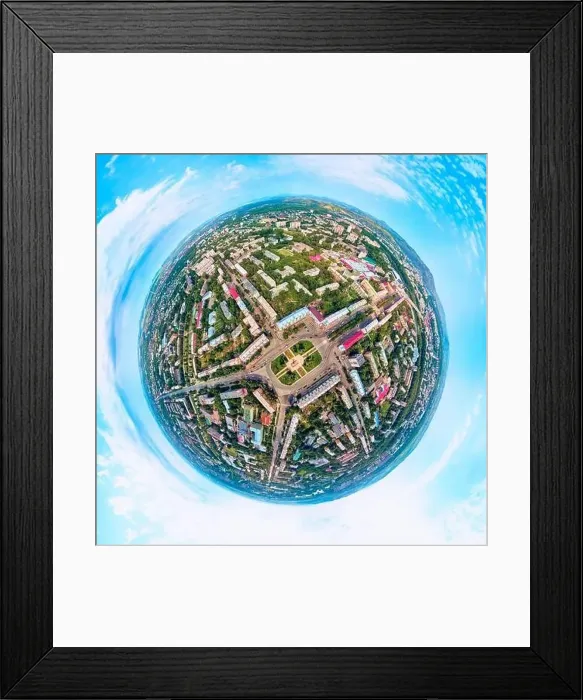Framed Print : Beautiful futuristic panoramic (360 spherical panorama little planet) aerial drone view to city of Ust-Kamenogorsk (KZ) Framed Print : Beautiful futuristic panoramic (360 spherical panorama little planet) aerial drone view to city of Ust-Kamenogorsk (KZ)