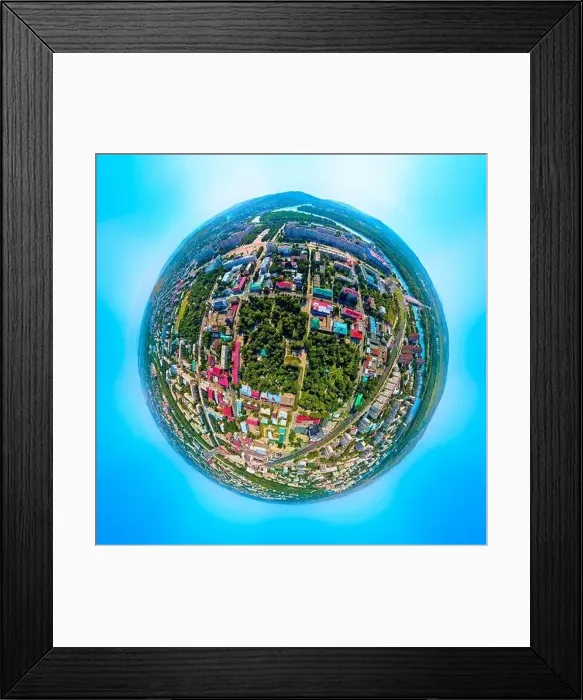 Framed Print : Beautiful futuristic panoramic (360 spherical panorama little planet) aerial drone view to city of Ust-Kamenogorsk (KZ) Framed Print : Beautiful futuristic panoramic (360 spherical panorama little planet) aerial drone view to city of Ust-Kamenogorsk (KZ)
