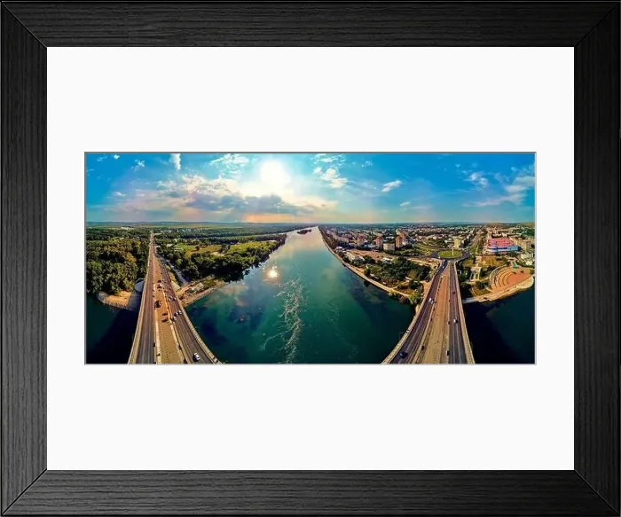 Framed Print : Beautiful futuristic panoramic aerial drone view to city of Ust-Kamenogorsk (KZ: Oskemen) and Irtysh river Framed Print : Beautiful futuristic panoramic aerial drone view to city of Ust-Kamenogorsk (KZ: Oskemen) and Irtysh river