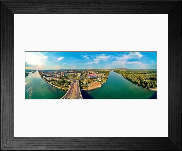 Framed Print : Beautiful futuristic panoramic aerial drone view to city of Ust-Kamenogorsk (KZ: Oskemen) and Irtysh river Framed Print : Beautiful futuristic panoramic aerial drone view to city of Ust-Kamenogorsk (KZ: Oskemen) and Irtysh river