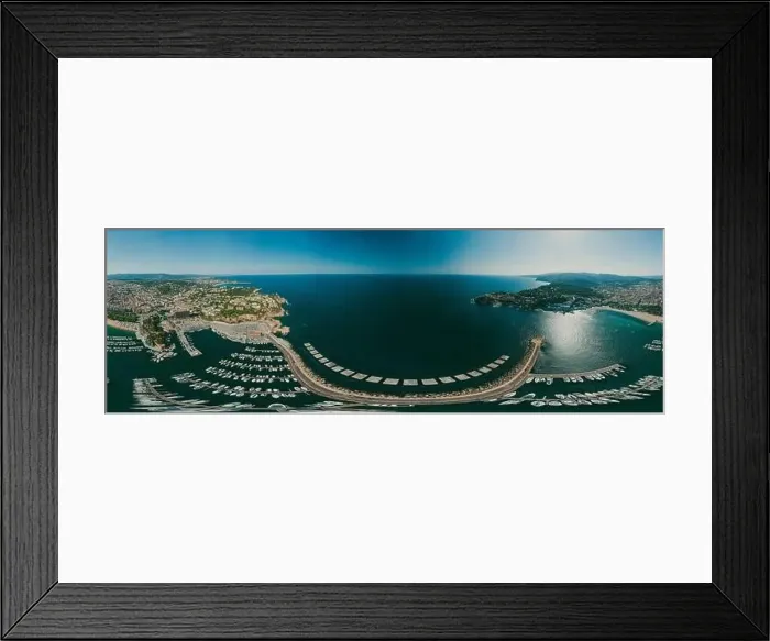 Framed Print : Yachts in Sant Feliu de Guixols city port in Mediterranean Sea summer Spain. Aerial photo 360 panorama Framed Print : Yachts in Sant Feliu de Guixols city port in Mediterranean Sea summer Spain. Aerial photo 360 panorama