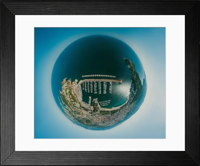 Framed Print : Yachts in Sant Feliu de Guixols city port in Mediterranean Sea summer Spain. Aerial photo 360 panorama Framed Print : Yachts in Sant Feliu de Guixols city port in Mediterranean Sea summer Spain. Aerial photo 360 panorama