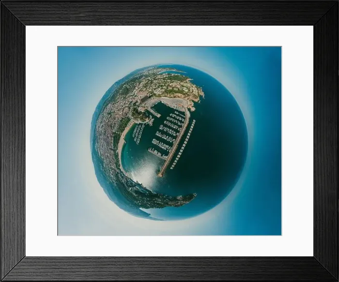 Framed Print : Yachts in Sant Feliu de Guixols city port in Mediterranean Sea summer Spain. Aerial photo 360 panorama Framed Print : Yachts in Sant Feliu de Guixols city port in Mediterranean Sea summer Spain. Aerial photo 360 panorama