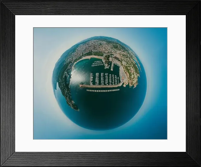 Framed Print : 360 VR Sphere Panorama. Ships boats and Yachts in Spain Sant Feliu de Guixols port drone shot