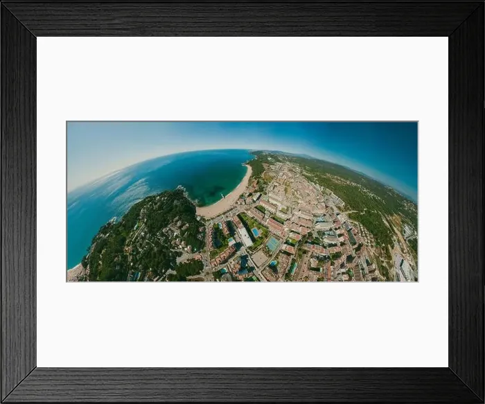 Framed Print : Lloret de Mar on Mediterranean Sea in summer Spain. 360 vr Drone shot Framed Print : Lloret de Mar on Mediterranean Sea in summer Spain. 360 vr Drone shot