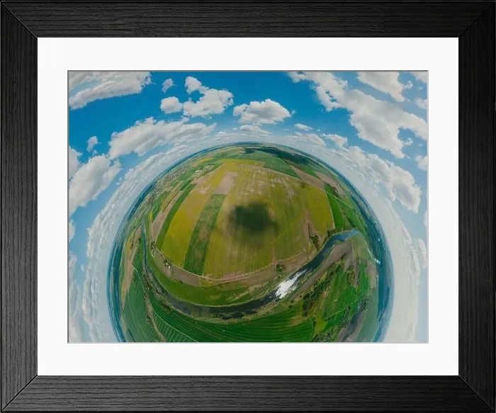 Framed Print : Green Fields, river and blue sky in Europe, 360 VR Sphere