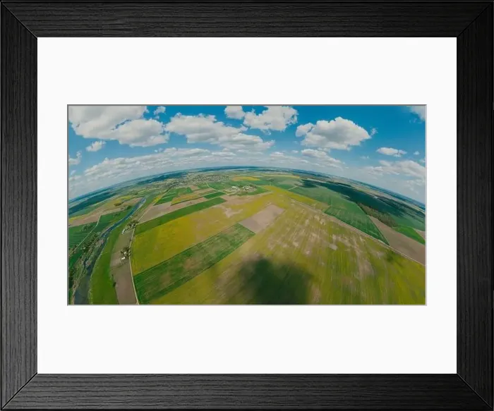 Framed Print : Green Fields, river and blue sky in Europe, 360 VR Sphere Framed Print : Green Fields, river and blue sky in Europe, 360 VR Sphere