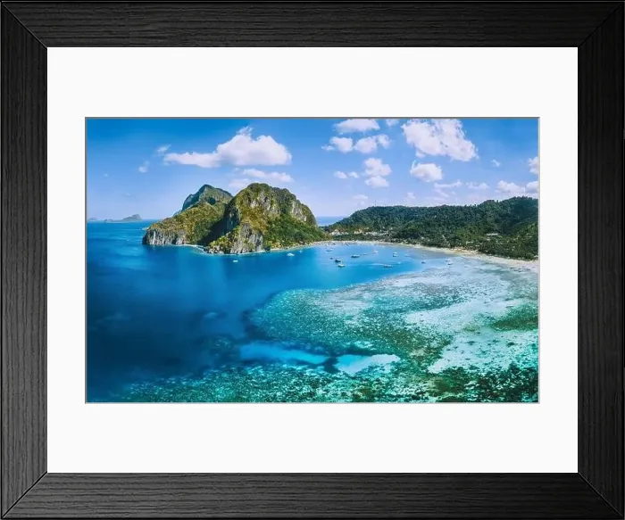 Framed Print : Aerial panoramic view of Corong Corong lagoon with moored boats. El Nido village, Palawan, Philippines Framed Print : Aerial panoramic view of Corong Corong lagoon with moored boats. El Nido village, Palawan, Philippines