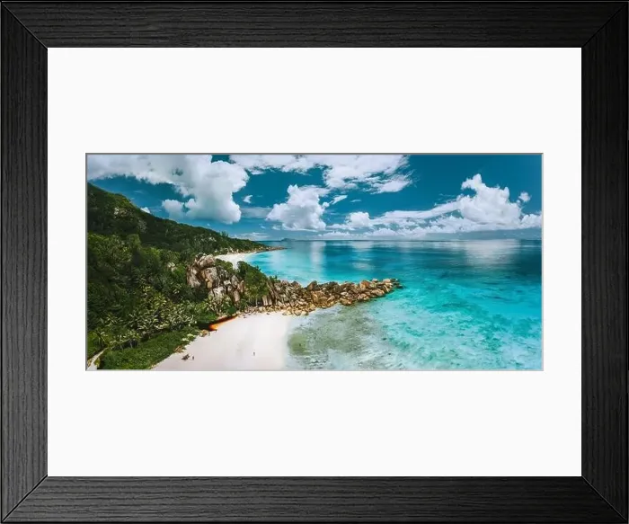 Framed Print : Aerial panoramic view of beautiful Grand Anse beach on La Digue island in Seychelles Framed Print : Aerial panoramic view of beautiful Grand Anse beach on La Digue island in Seychelles