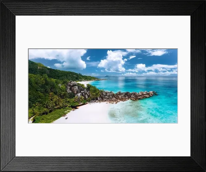 Framed Print : Aerial panoramic view of beautiful Grand Anse beach on La Digue island in Seychelles Framed Print : Aerial panoramic view of beautiful Grand Anse beach on La Digue island in Seychelles