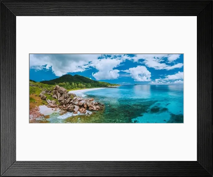 Framed Print : Aerial panoramic view of impressive Grand Anse beach on La Digue island in Seychelles Framed Print : Aerial panoramic view of impressive Grand Anse beach on La Digue island in Seychelles