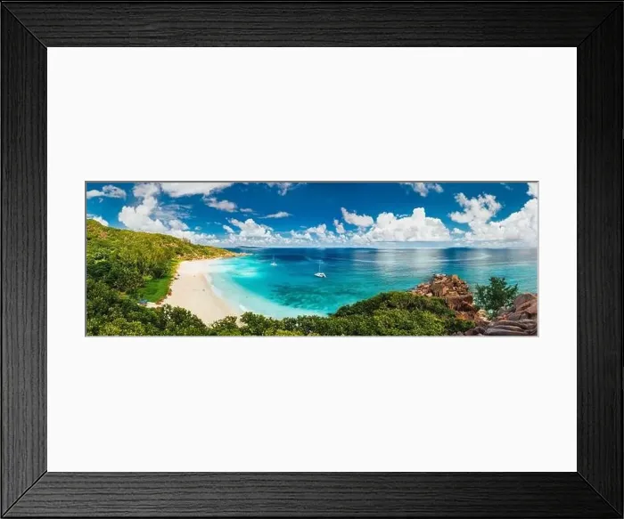 Framed Print : Aerial Pano of Grand Anse beach at La Digue island in Seychelles Framed Print : Aerial Pano of Grand Anse beach at La Digue island in Seychelles