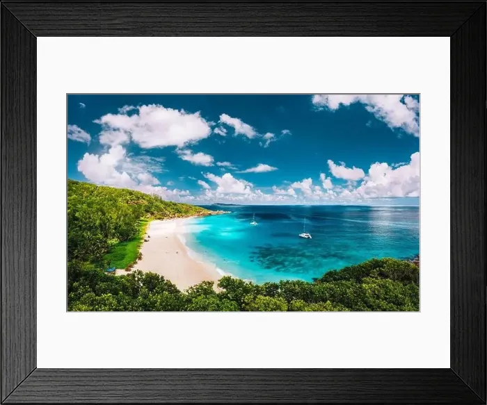 Framed Print : Grand Anse beach at La Digue island in Seychelles aerial panoramic view Framed Print : Grand Anse beach at La Digue island in Seychelles aerial panoramic view