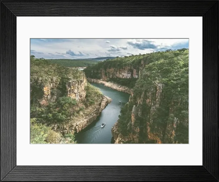 Framed Print : Visitors boats cruising through the canyons of Capitolio in the Serra da Canastra National Park in Brazil Framed Print : Visitors boats cruising through the canyons of Capitolio in the Serra da Canastra National Park in Brazil