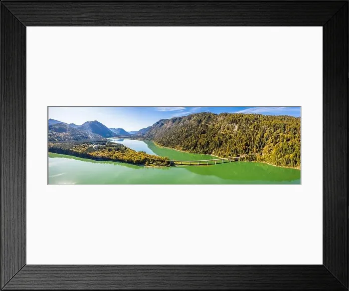 Framed Print : Scenic aerial view of the bridge over Lake Sylvenstein with beautiful reflections
