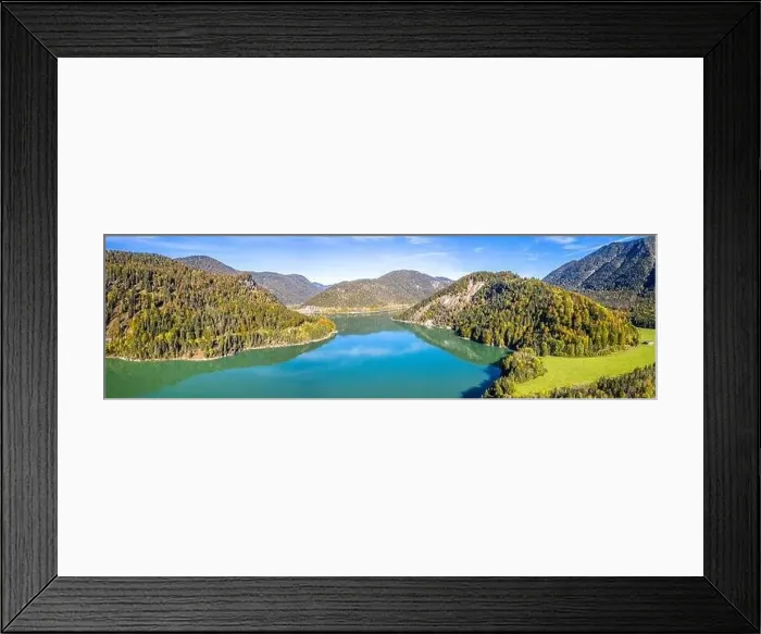Framed Print : Scenic aerial view of the bridge over Lake Sylvenstein with beautiful reflections Framed Print : Scenic aerial view of the bridge over Lake Sylvenstein with beautiful reflections