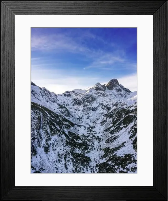 Framed Print : Beautiful view from drone to the snow mountain. Mountain peak Maliovica in Rila, Bulgaria Framed Print : Beautiful view from drone to the snow mountain. Mountain peak Maliovica in Rila, Bulgaria
