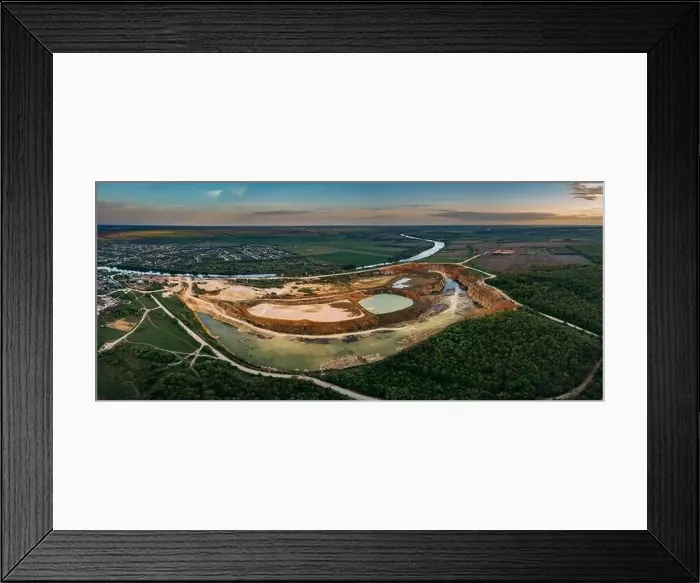 Framed Print : Panorama of limestone open pit mine, aerial view from drone Framed Print : Panorama of limestone open pit mine, aerial view from drone