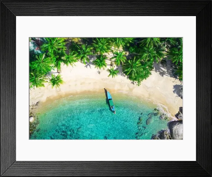 Framed Print : Aerial view of tropical beach and longtail boat, koh Tao, Thailand Framed Print : Aerial view of tropical beach and longtail boat, koh Tao, Thailand