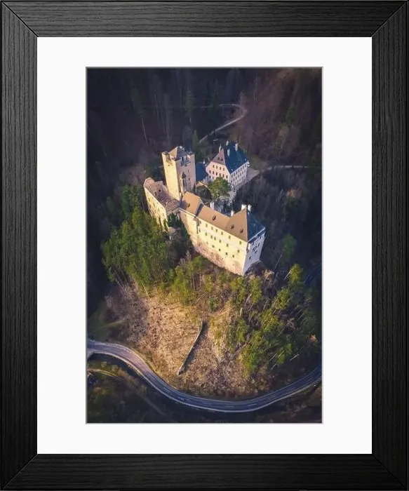 Framed Print : Aerial view of Stixenstein Castle in beautiful evening light Framed Print : Aerial view of Stixenstein Castle in beautiful evening light