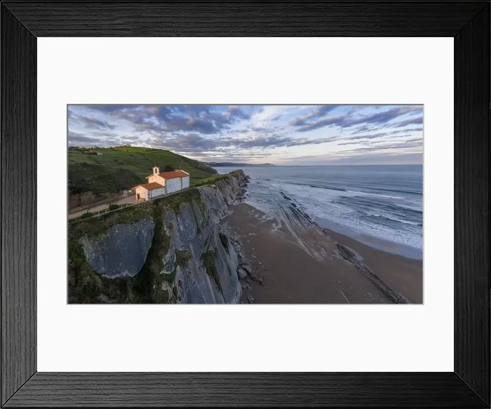 Framed Print : San Telmo hermitage in Zumaia, Basque Country - drone aerial view Framed Print : San Telmo hermitage in Zumaia, Basque Country - drone aerial view