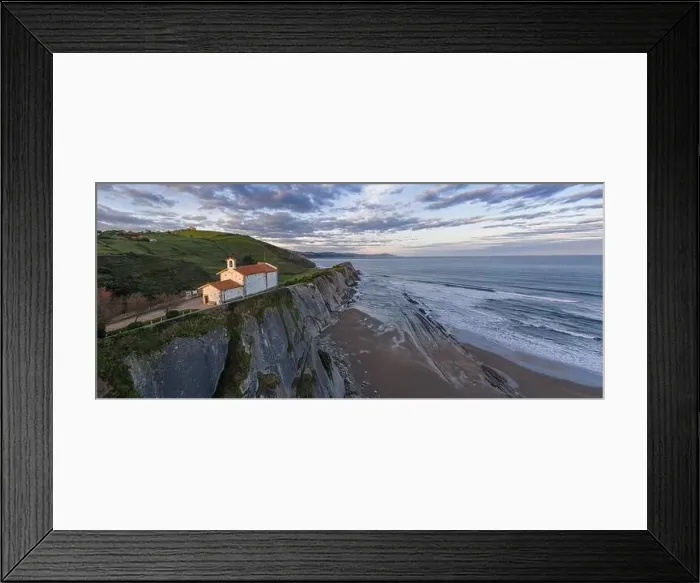 Framed Print : San Telmo hermitage in Zumaia, Basque Country - drone aerial view Framed Print : San Telmo hermitage in Zumaia, Basque Country - drone aerial view
