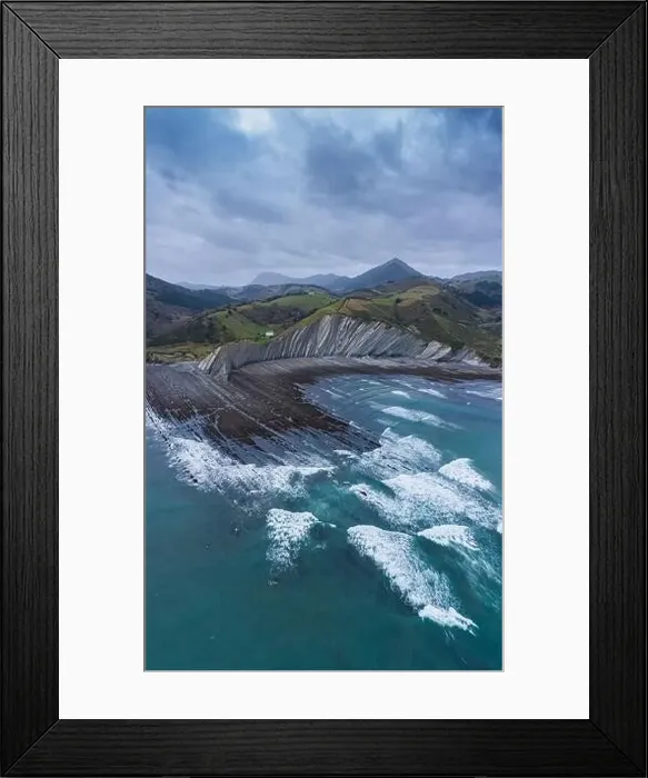 Framed Print : Zumaia and Deba flysch geological strata layers drone aerial view, Basque Country