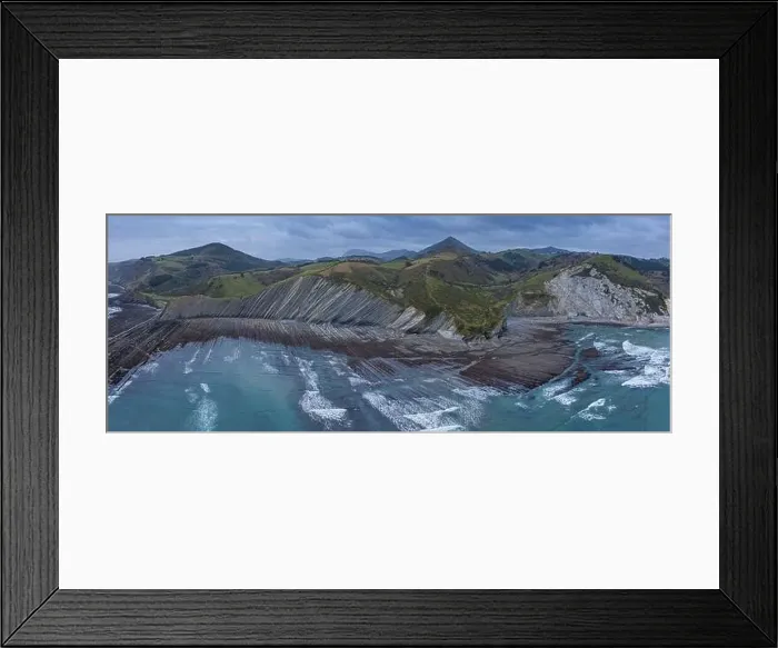 Framed Print : Zumaia and Deba flysch geological strata layers drone aerial view, Basque Country