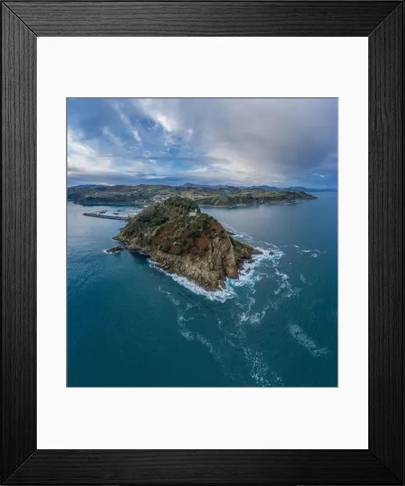 Framed Print : Getaria lighthouse in Gipuzkoa, Basque country - drone aerial view