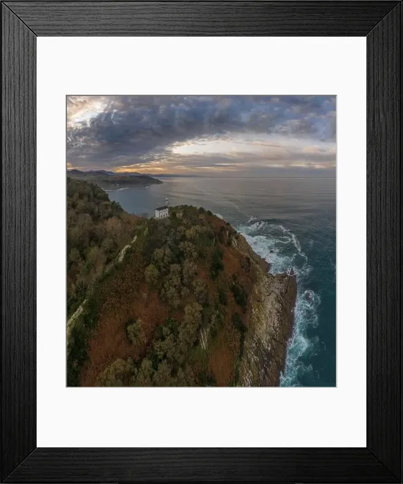 Framed Print : Getaria lighthouse in Gipuzkoa, Basque country - drone aerial view Framed Print : Getaria lighthouse in Gipuzkoa, Basque country - drone aerial view