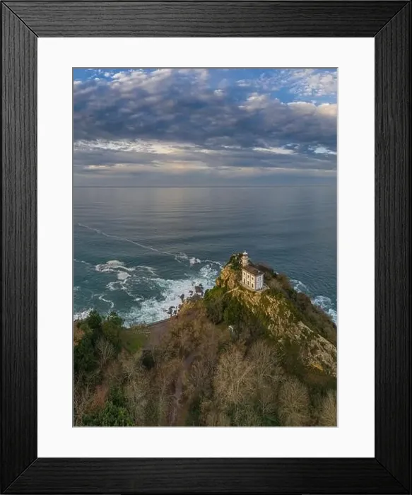 Framed Print : Getaria lighthouse in Gipuzkoa, Basque country - drone aerial view Framed Print : Getaria lighthouse in Gipuzkoa, Basque country - drone aerial view