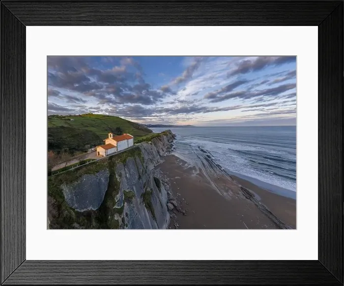 Framed Print : San Telmo hermitage in Zumaia, Basque Country - drone aerial view Framed Print : San Telmo hermitage in Zumaia, Basque Country - drone aerial view