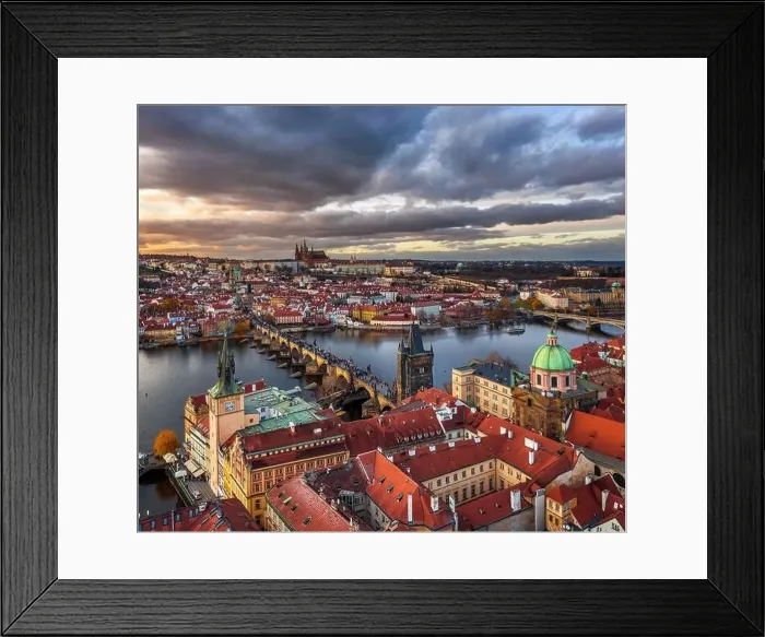 Framed Print : Prague, Czech Republic - Aerial panoramic drone view of the world famous Charles Bridge (Karluv most) and St Framed Print : Prague, Czech Republic - Aerial panoramic drone view of the world famous Charles Bridge (Karluv most) and St