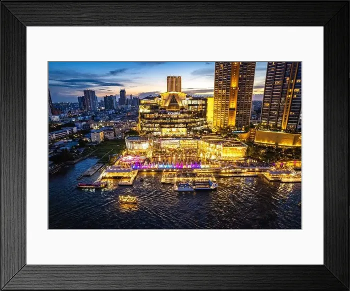Framed Print : Aerial view of Icon Siam mall by night on the chao phraya river in khlong san, bangkok, Thailand Framed Print : Aerial view of Icon Siam mall by night on the chao phraya river in khlong san, bangkok, Thailand