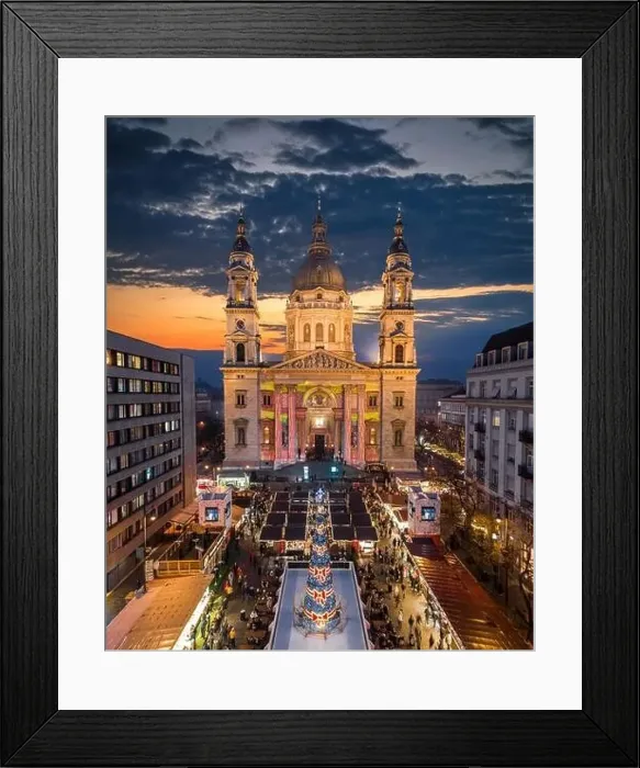Framed Print : Budapest, Hungary - Aerial drone view of Europe's most beautiful Christmas market with the illuminated St Framed Print : Budapest, Hungary - Aerial drone view of Europe's most beautiful Christmas market with the illuminated St