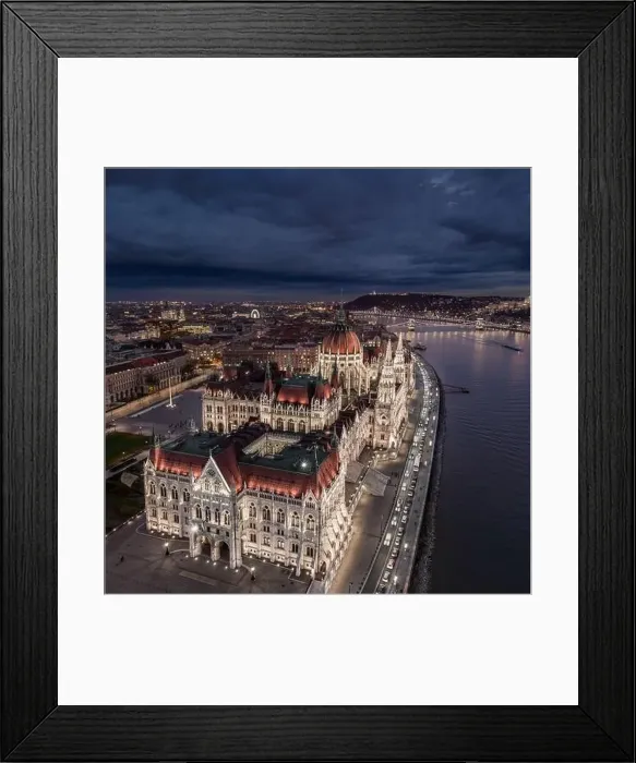 Framed Print : Budapes, Hungary - Aerial drone view of the beautiful illuminated Parliament of Hungary at blue hour with Szechenyi Framed Print : Budapes, Hungary - Aerial drone view of the beautiful illuminated Parliament of Hungary at blue hour with Szechenyi