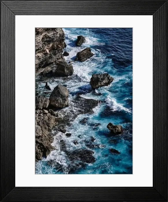 Framed Print : Aerial view to sea landscape, water with waves and rocks. Dramatic colors photo Framed Print : Aerial view to sea landscape, water with waves and rocks. Dramatic colors photo