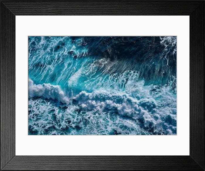 Framed Print : Aerial view to seething waves with foam. Waves of the sea meet each other during high tide and low tide Framed Print : Aerial view to seething waves with foam. Waves of the sea meet each other during high tide and low tide