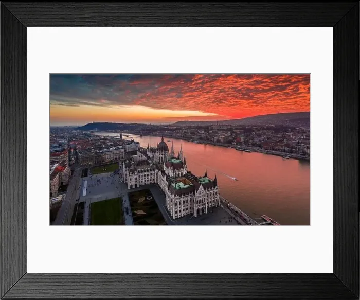 Framed Print : Budapest, Hungary - Aerial panoramic drone view of the Hungarian Parliament building on a winter afternoon with an Framed Print : Budapest, Hungary - Aerial panoramic drone view of the Hungarian Parliament building on a winter afternoon with an