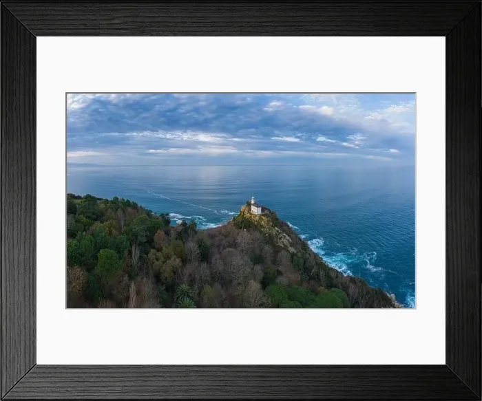 Framed Print : Getaria lighthouse at dusk, Basque country - drone aerial view, Basque Country Framed Print : Getaria lighthouse at dusk, Basque country - drone aerial view, Basque Country