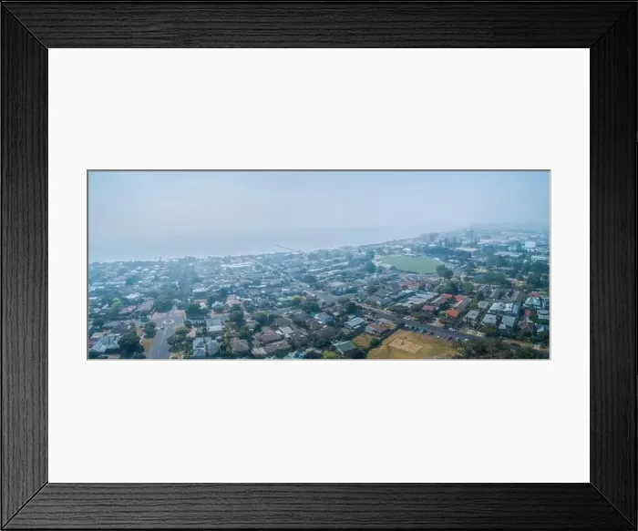 Framed Print : Coastal suburb Frankston covered with smoke haze from bush fires raging in Victoria, Australia - aerial panorama Framed Print : Coastal suburb Frankston covered with smoke haze from bush fires raging in Victoria, Australia - aerial panorama