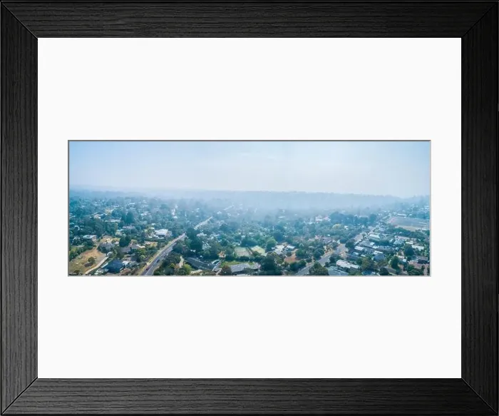 Framed Print : Aerial panorama of urban areas of Melbourne covered in smoke from bush fires Framed Print : Aerial panorama of urban areas of Melbourne covered in smoke from bush fires