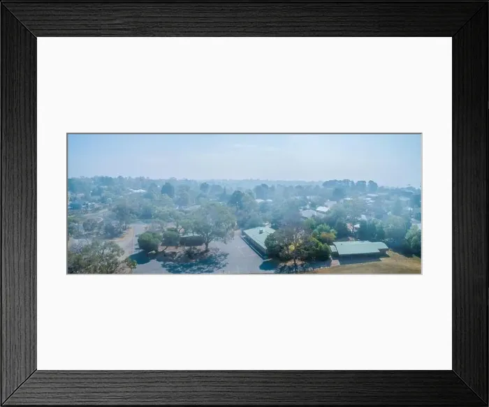 Framed Print : Suburbs in Melbourne in heavy smoke haze brought by wind from bush fires - aerial panorama Framed Print : Suburbs in Melbourne in heavy smoke haze brought by wind from bush fires - aerial panorama