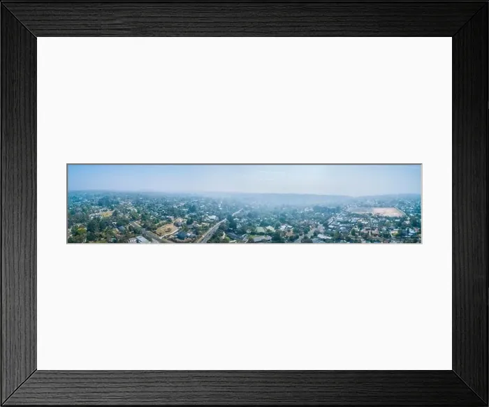 Framed Print : Bush fire smoke covers suburban areas in Melbourne - wide aerial panorama Framed Print : Bush fire smoke covers suburban areas in Melbourne - wide aerial panorama