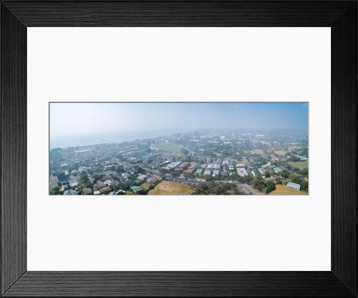 Framed Print : Heavy smoke haze covering suburbs in Victoria, Australia - aerial panorama of Frankston Framed Print : Heavy smoke haze covering suburbs in Victoria, Australia - aerial panorama of Frankston