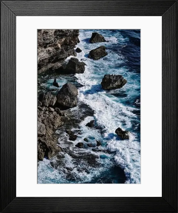 Framed Print : Aerial view to sea landscape, water with waves and rocks. Dramatic colors photo Framed Print : Aerial view to sea landscape, water with waves and rocks. Dramatic colors photo