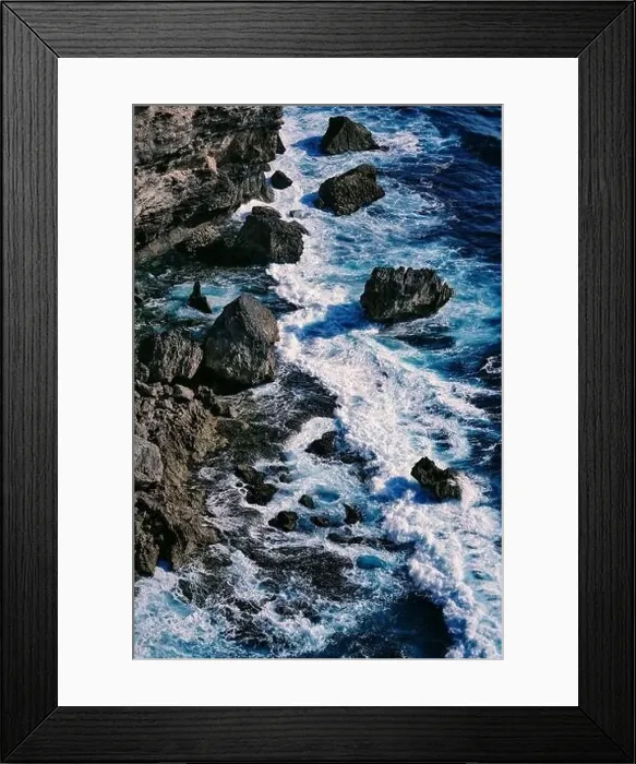 Framed Print : Aerial view to sea landscape, water with waves and rocks. Dramatic colors photo Framed Print : Aerial view to sea landscape, water with waves and rocks. Dramatic colors photo