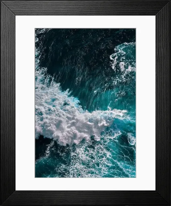 Framed Print : Aerial view to sea landscape, water with waves and rocks. Dramatic colors photo Framed Print : Aerial view to sea landscape, water with waves and rocks. Dramatic colors photo