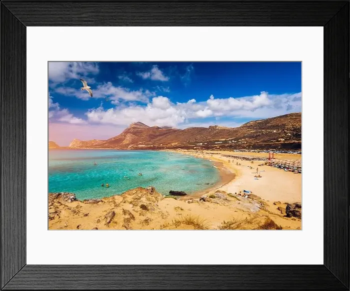 Framed Print : Panorama of turquoise beach Falasarna (Falassarna) in Crete with seagulls flying over Framed Print : Panorama of turquoise beach Falasarna (Falassarna) in Crete with seagulls flying over